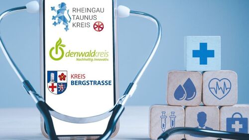 Bild: zu sehen ist ein Smartphone mit dem Logo des RTK, des Odenwald-Kreises und des Landkreises Bergstraße