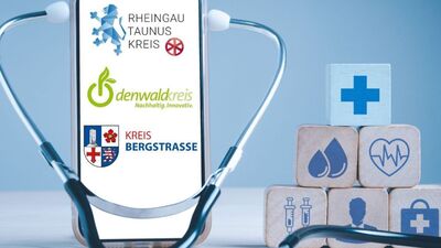 Bild: zu sehen ist ein Smartphone mit dem Logo des RTK, des Odenwald-Kreises und des Landkreises Bergstraße