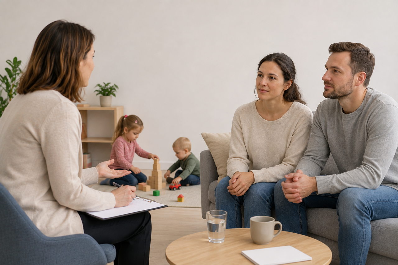 Familie mit zwei Kindern bei Beratungsgespräch