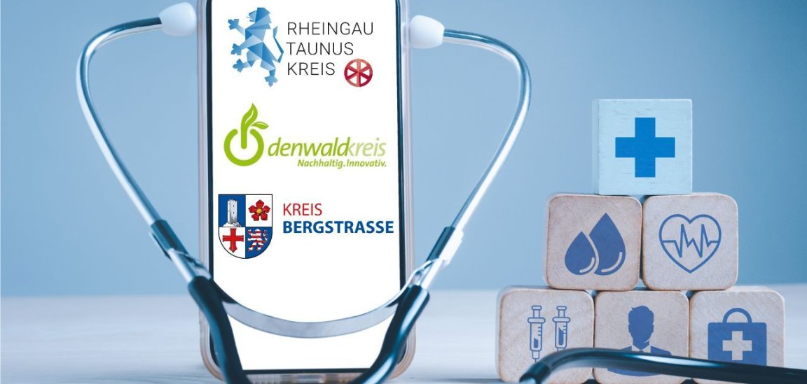 Bild: zu sehen ist ein Smartphone mit dem Logo des RTK, des Odenwald-Kreises und des Landkreises Bergstraße